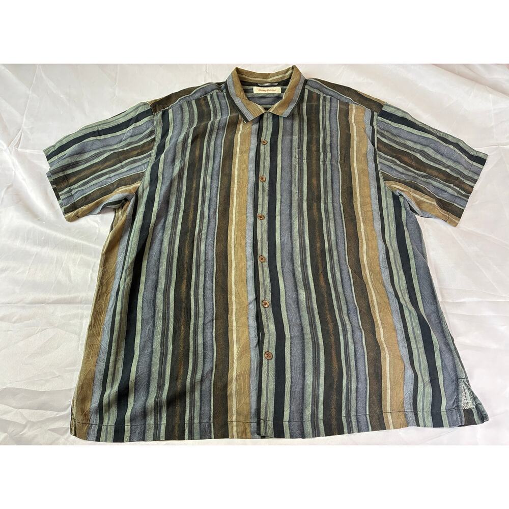 Tommy Bahama Mens XXL 100% Silk Striped Button Down Shirt Olive Gray Tan